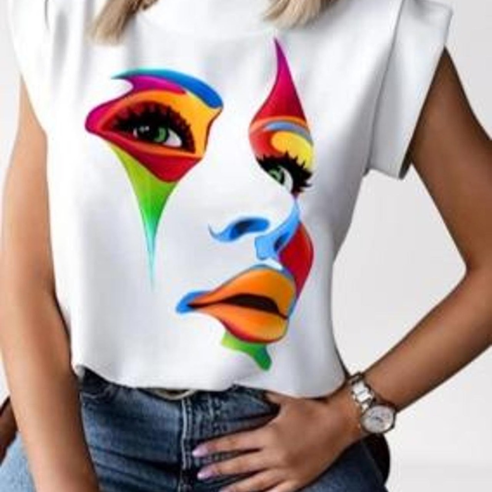 UOOZEE Cap Sleeve Loose Multi-Colored Printed High-Neck T-Shirt Top